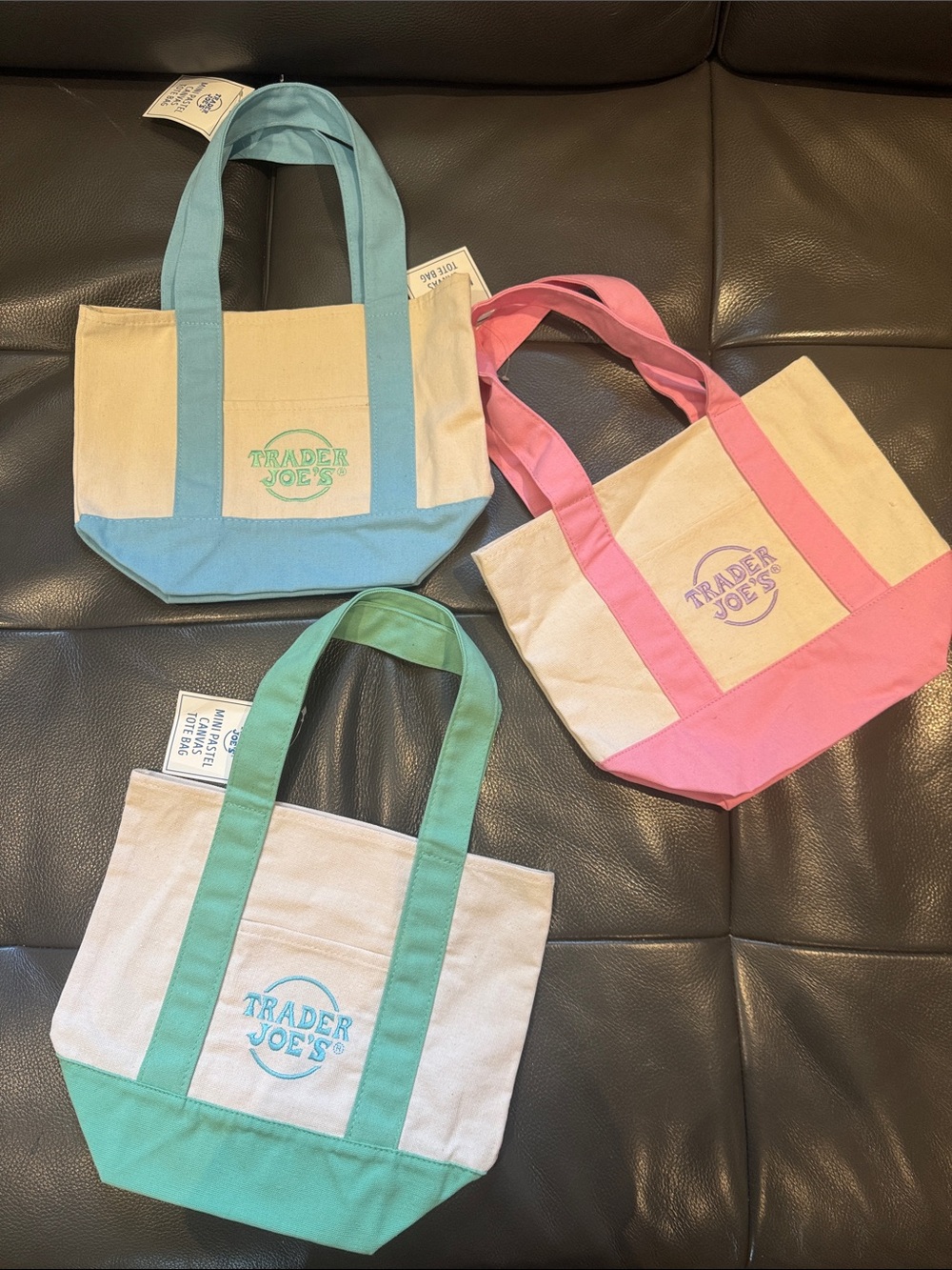 Trader Joe's Canvas Tote Bag Bundle - Pink, Blue, and Green